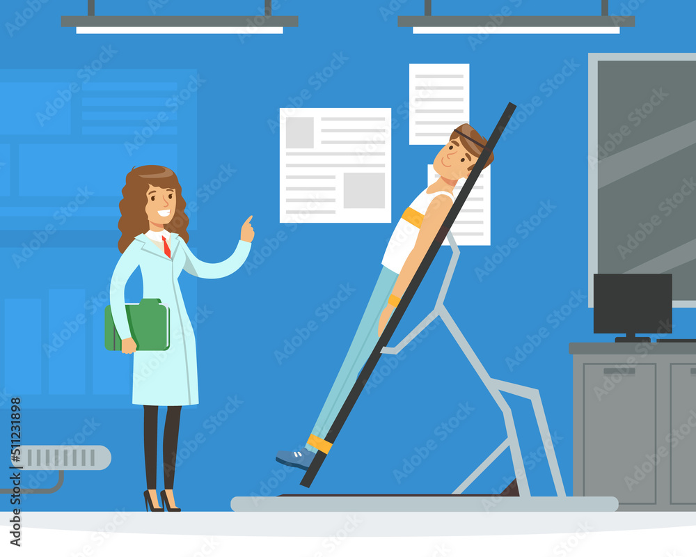 Man Astronaut Preparing for Space Flight on Simulator in Laboratory with Scientist Vector Illustration Man Astronaut Preparing for Space Flight on Simulator in Laboratory with Scientist Vector Illustration
