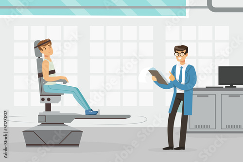 Man Astronaut Preparing for Space Flight Sitting in Chair Engaged in Testing Vector Illustration