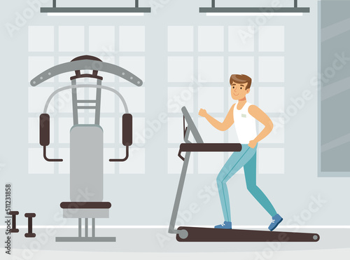 Man Astronaut Running on Treadmill Preparing for Space Flight Vector Illustration