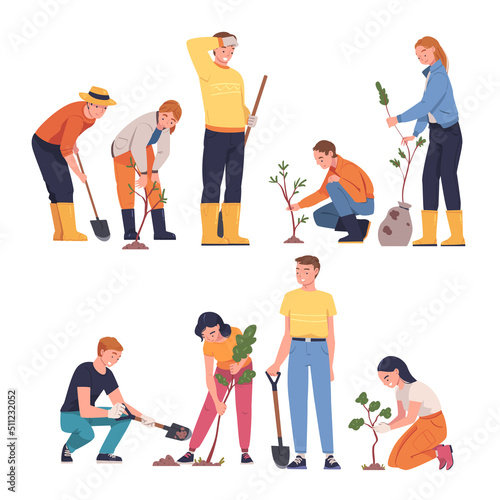 People Character Planting Tree Sapling in Soil Taking Care of Planet and Nature Vector Illustration Set