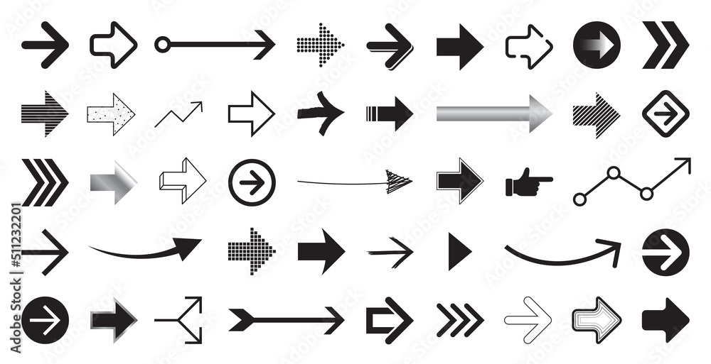 Set of different shapes black and white arrows. Collection of arrow