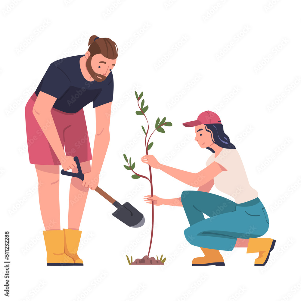 Man and Woman Character Planting Tree Sapling in Soil Taking Care of Planet and Nature Vector Illustration Man and Woman Character Planting Tree Sapling in Soil Taking Care of Planet and Nature Vector Illustration