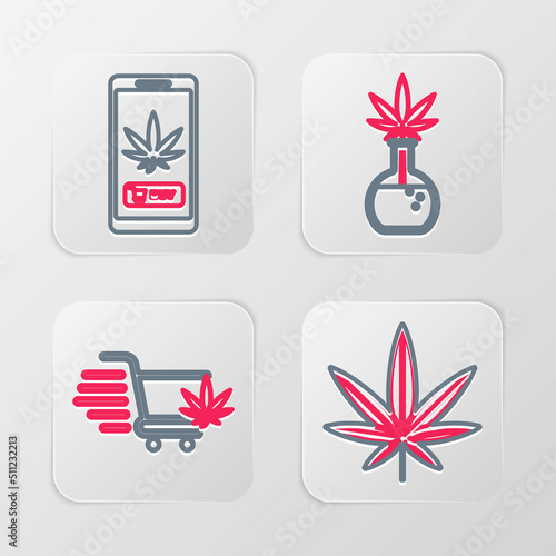 Set line Marijuana or cannabis leaf, Shopping cart with marijuana, Test tube and Online buying icon. Vector