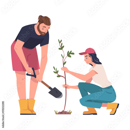 Man and Woman Character Planting Tree Sapling in Soil Taking Care of Planet and Nature Vector Illustration