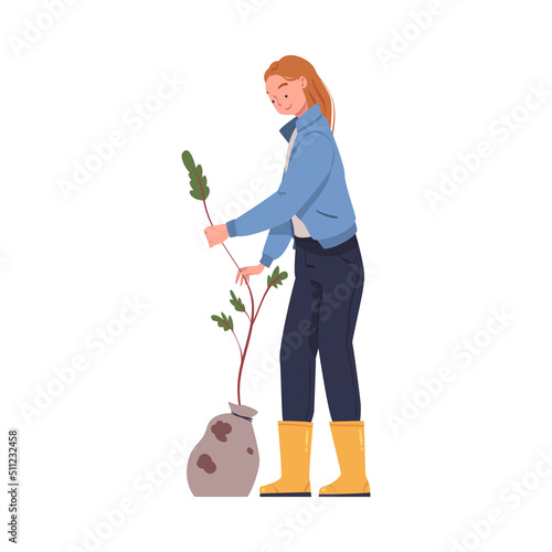 Woman Character Planting Tree Sapling in Soil Taking Care of Planet and Nature Vector Illustration