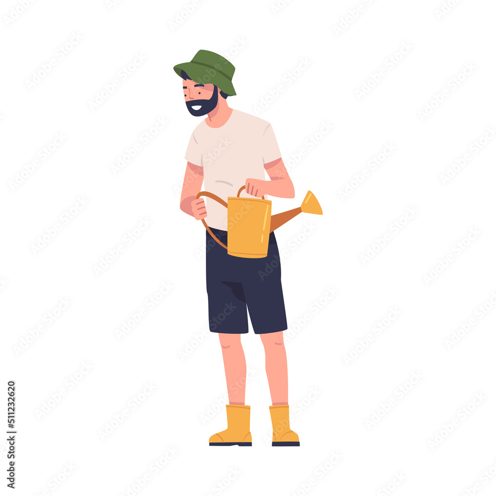 Bearded Man Character Standing with Watering Can Engaged in Plant Cultivation Vector Illustration Bearded Man Character Standing with Watering Can Engaged in Plant Cultivation Vector Illustration