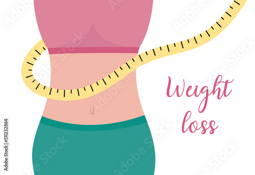 Weight loss. Waist of woman and measuring tape. Female slim body. Flat vector illustration. Figure of woman losing weight. Healthy lifestyle