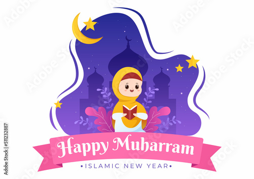 Islamic New Year Day or 1 Muharram Vector Background Illustration of Muslim Family Celebrating Can be use for Greeting Card or Invitation