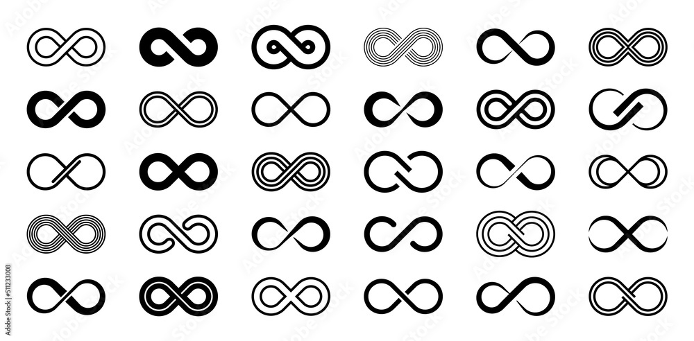 Infinity symbols. Set of infinity icons. Symbols of endless, unlimited, eternal. Vector illustration. - obrazy, fototapety, plakaty 