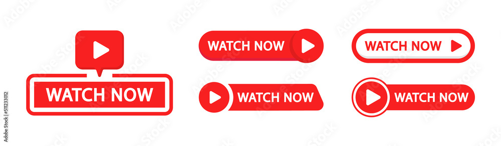 Watch now buttons. Play video button set. Watch video now button for web site. UI element. Vector illustration. Watch now buttons. Play video button set. Watch video now button for web site. UI element. Vector illustration.