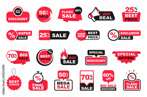 Sales tags collection. Set of stickers for the sale with discount and special offers. Best offer, best price for sale. Labels for promotion, advertising, marketing and shopping. Vector illustration. photo