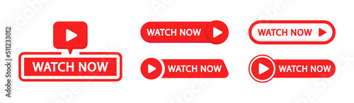 Watch now buttons. Play video button set. Watch video now button for web site. UI element. Vector illustration.
