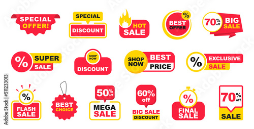 Sales tags collection. Set of stickers for the sale with discount and special offers. Best offer, best price for sale. Labels for promotion, advertising, marketing and shopping. Vector illustration.