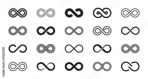 Infinity symbols. Set of infinity icons. Symbols of endless, unlimited, eternal. Vector illustration. photo