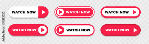 Watch now buttons. Play video button set. Watch video now button for web site. UI element. Vector illustration.