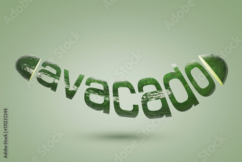 avocado text, long green avocado, Isolated on a green background 3D rendering. photo