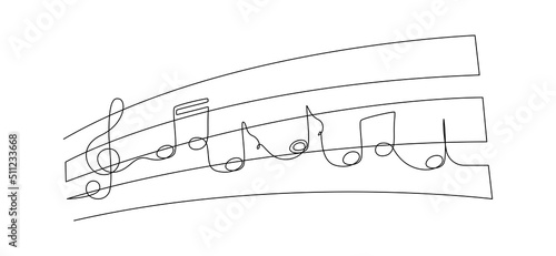 One continuous line drawing of treble clef and musical notes. Scribble Minimalist logo and symbol of sound and music concert in outline linear style. Editable stroke. Doodle vector illustration