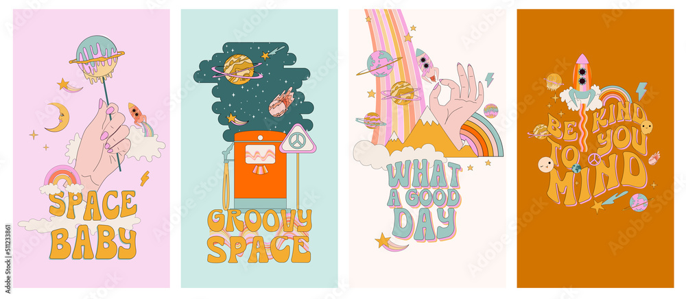 Collection of vertical background for instagram stories. Retro hippie space and pop art elements. Trendy Illustration. Editable Vector