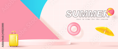 Fotografia Summer sale banner template for promotion with product display cylindrical shape