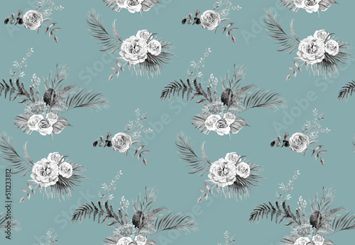 Watercolor seamless botanical monochrome pattern with dry palm leaves and roses and dried flowers on a turquoise background for textile and surface design