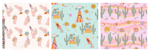 Collection of retro hippie seamless pattern with groovy space, psychedelic elements. Editable vector illustration.