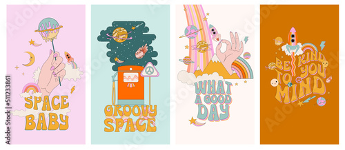 Collection of vertical background for instagram stories. Retro hippie space and pop art elements. Trendy Illustration. Editable Vector