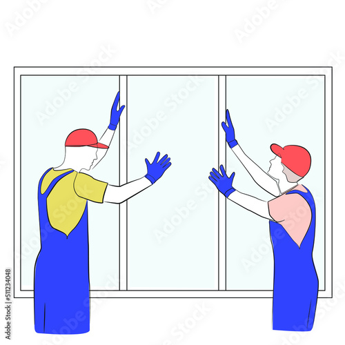 Builders install a window in the house line art on white isolated background