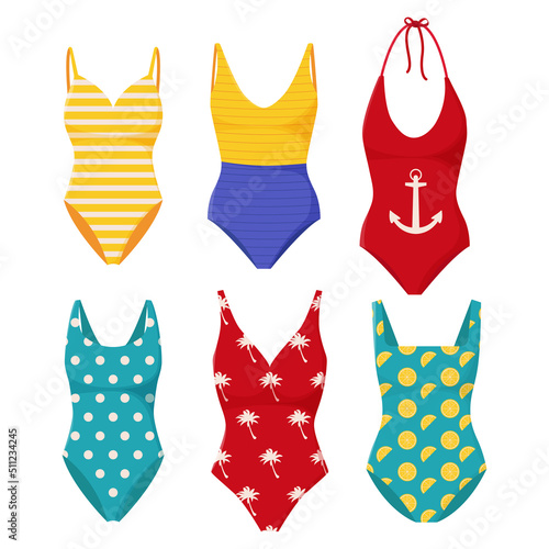 Collection of women's swimwear. Set of fashionable swimsuits. Women's swimsuits for summer vacation.