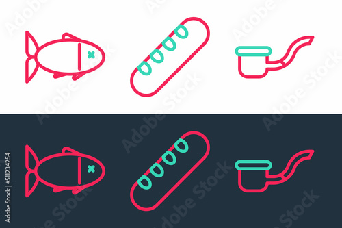Set line Smoking pipe, Fish and French baguette bread icon. Vector