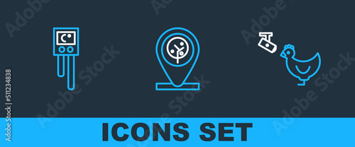 Set line Chicken farm and camera, Temperature humidity sensor and Location tree icon. Vector