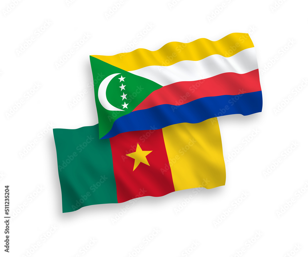Flags of Union of the Comoros and Cameroon on a white background