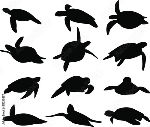Vector  silhouettes of sea turtles on isolated white background. Icon set.