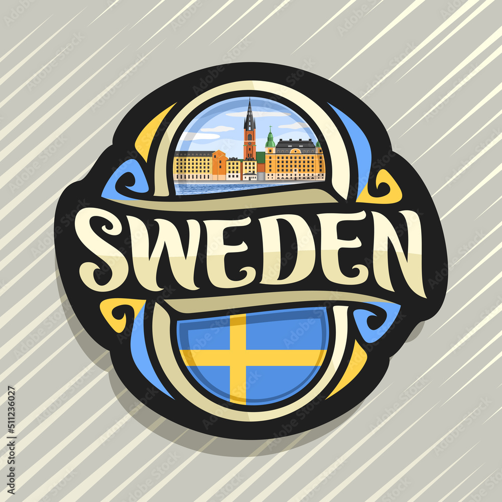 Vector logo for Sweden country, fridge magnet with swedish flag, original brush typeface for word sweden and swedish symbol - Riddarholmen church in Stockholm near river on blue cloudy sky background Vector logo for Sweden country, fridge magnet with swedish flag, original brush typeface for word sweden and swedish symbol - Riddarholmen church in Stockholm near river on blue cloudy sky background
