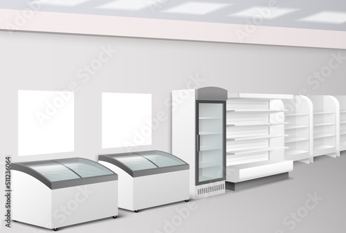 Food store interior with empty shelf and fridge