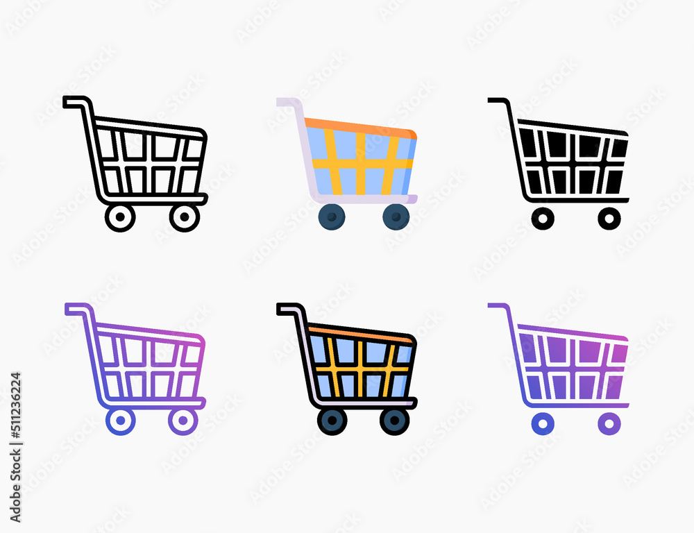 Shop Chart Trolley icon set with different styles. Style line, outline, flat, glyph, color, gradient. Editable stroke and pixel perfect. Used for digital product, presentation, print design and more.