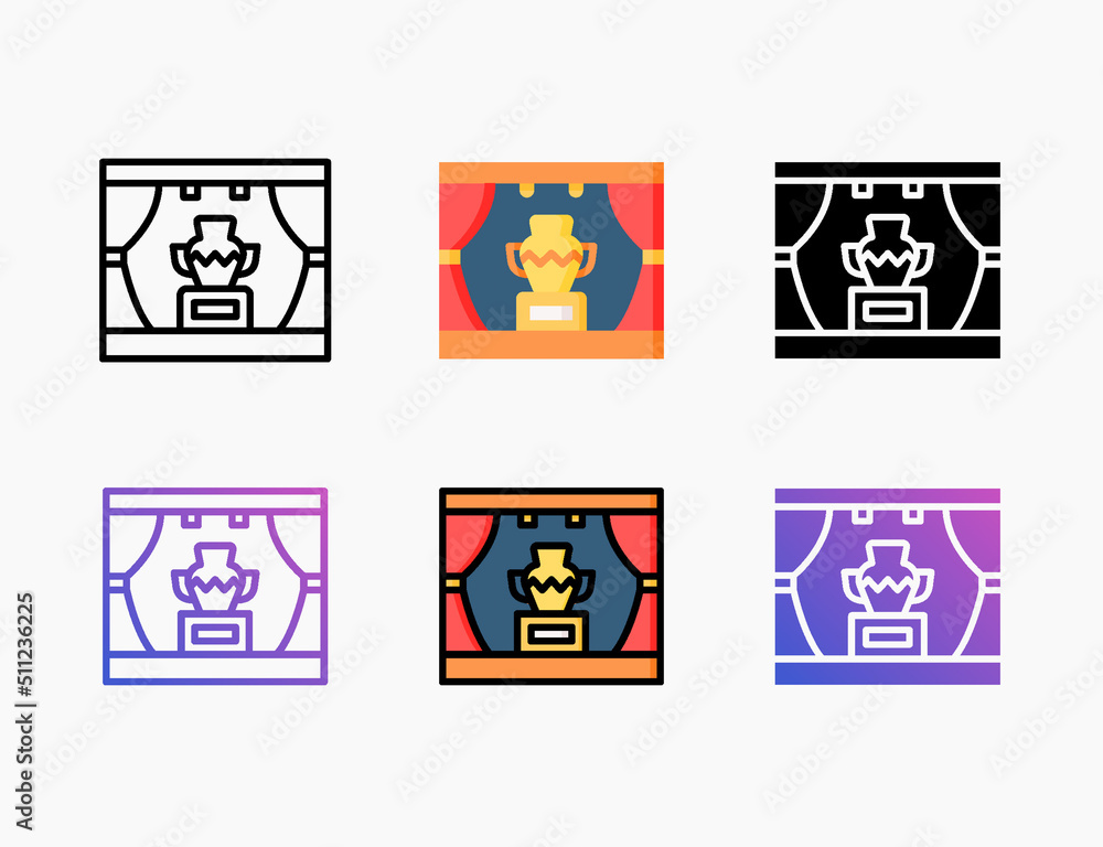 Auction Stage icon set with different styles. Style line, outline, flat, glyph, color, gradient. Editable stroke and pixel perfect. Used for digital product, presentation, print design and more.
