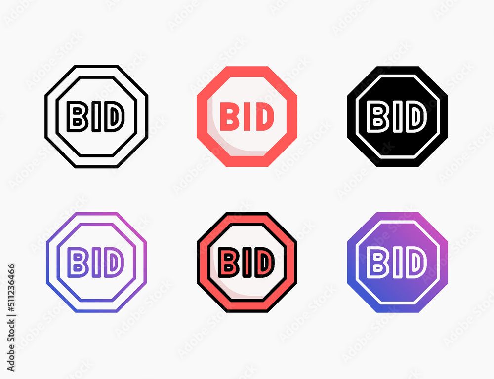 Bid icon set with different styles. Style line, outline, flat, glyph, color, gradient. Editable stroke and pixel perfect. Can be used for digital product, presentation, print design and more. Bid icon set with different styles. Style line, outline, flat, glyph, color, gradient. Editable stroke and pixel perfect. Can be used for digital product, presentation, print design and more.