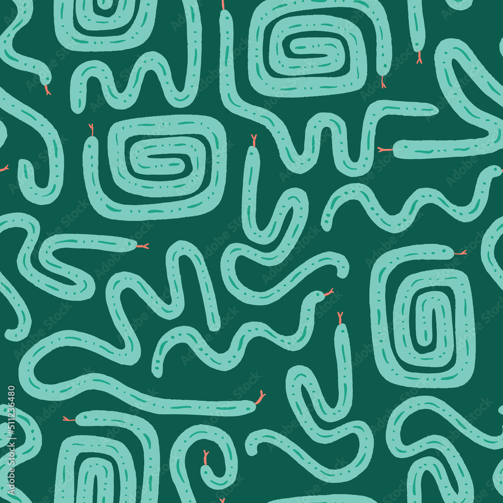 Fun geometric snakes pattern for kids and cute design projects. Monochrome green seamless surface design. Great for kids and summer home decor. Surface pattern design.