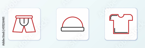 Set line T-shirt, Men underpants and Beanie hat icon. Vector