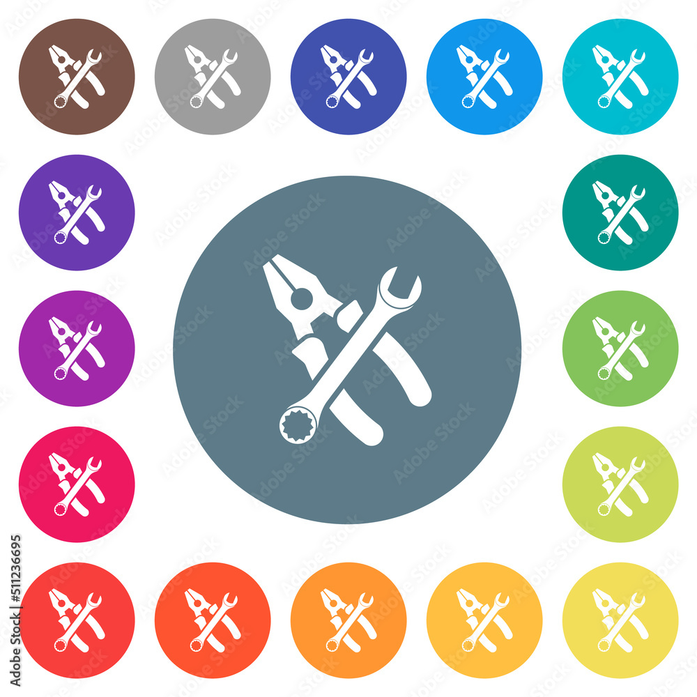 Combined pliers and wrench in crossed position flat white icons on round color backgrounds Combined pliers and wrench in crossed position flat white icons on round color backgrounds