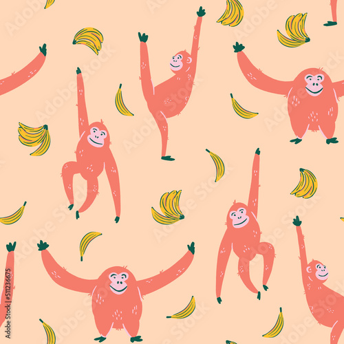 Orangutan seamless pattern repeat. Cute monkey vector illustrations with bananas in orange background. Tropical background fabric print. Great for kids and fun home decor. Surface pattern design.
