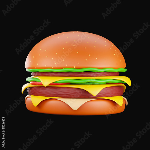 3D Render Of Burger Colorful Icon Against Black Background.
