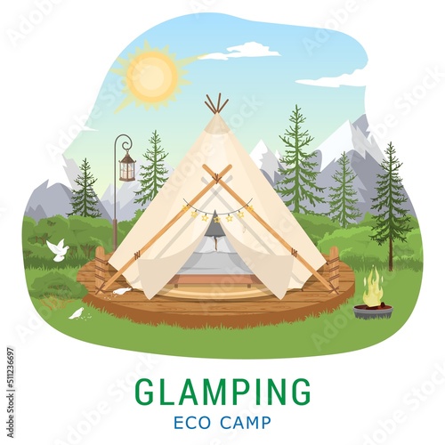 Glamping advertising eco tent camp vector poster
