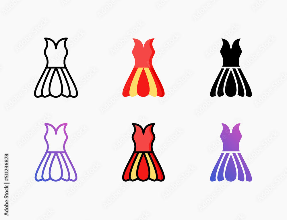 Dress icon set with different styles. Style line, outline, flat, glyph, color, gradient. Editable stroke and pixel perfect. Can be used for digital product, presentation, print design and more.