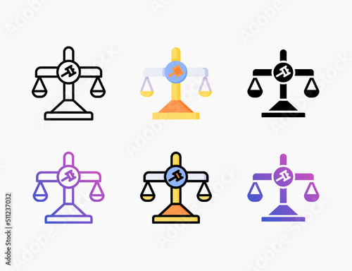 Law Balance Justice icon set with different styles. Style line, outline, flat, glyph, color, gradient. Editable stroke and pixel perfect.