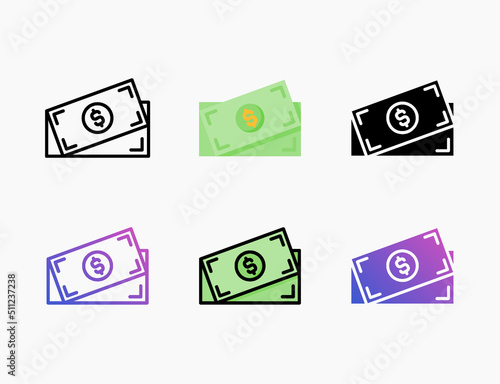Money Banknote icon set with different styles. Style line, outline, flat, glyph, color, gradient. Editable stroke and pixel perfect. Used for digital product, presentation, print design and more.