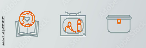 Set line Lunch box, Earth globe and book and Stop plastic pollution icon. Vector