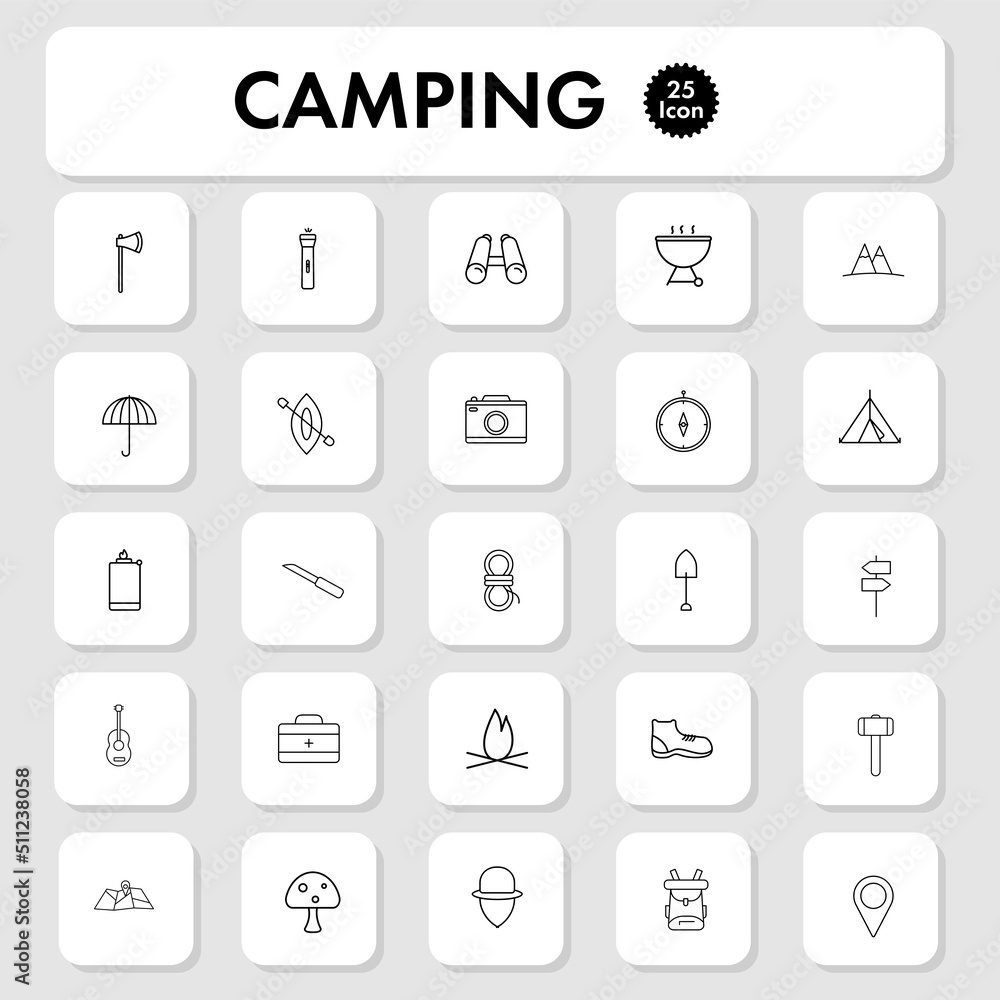 Black Thin Line Art Camping Icon Or Symbol Set. Black Thin Line Art Camping Icon Or Symbol Set.