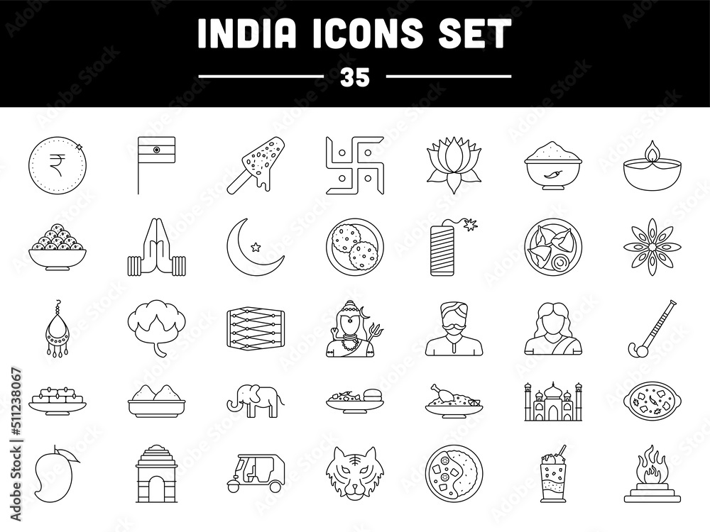India Lifestyle And Culture Icon Set In Line Art.