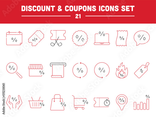 Red And Black Line Art Discount Offer For Sale Or Shopping Icon Set.